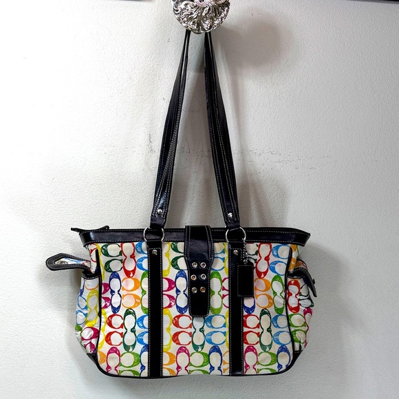 (E4) COACH - Large Vintage Tote Bag - Fine Leather & Multicolor Canvas - Picture 1 of 14